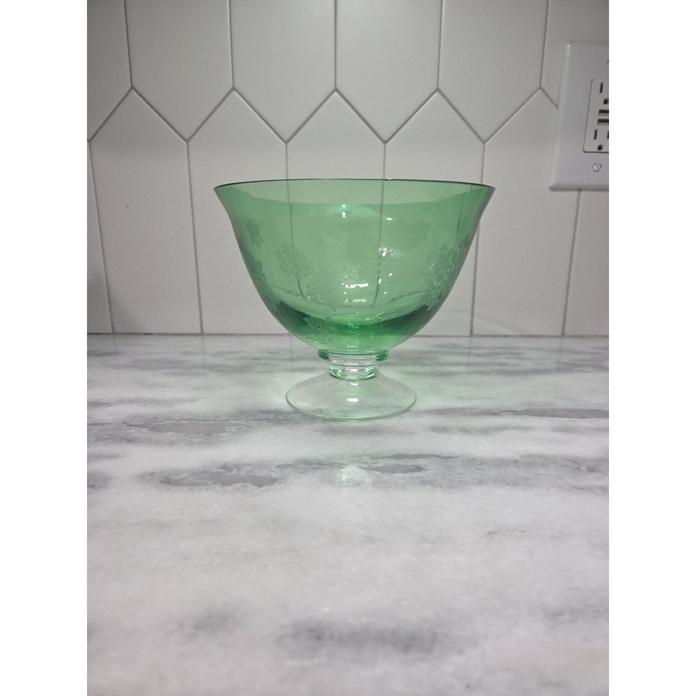 Crystal Green Christmas Bowl, Etched Snowflakes, Footed‎ Base, Vtg Holiday Decor